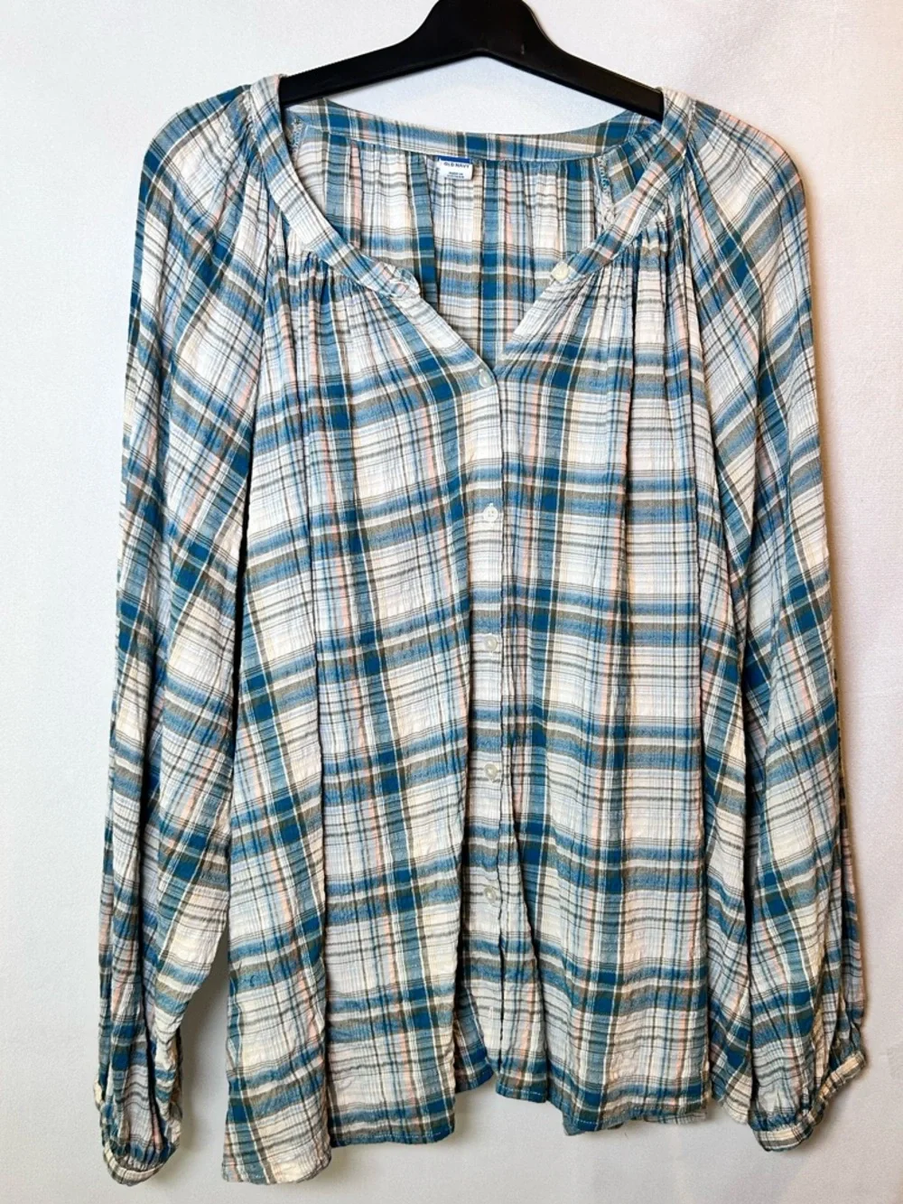 Old Navy Blue Plaid Peasant Boho Button Down Blouse Top Long Sleeve XXL - Picture 10 of 10